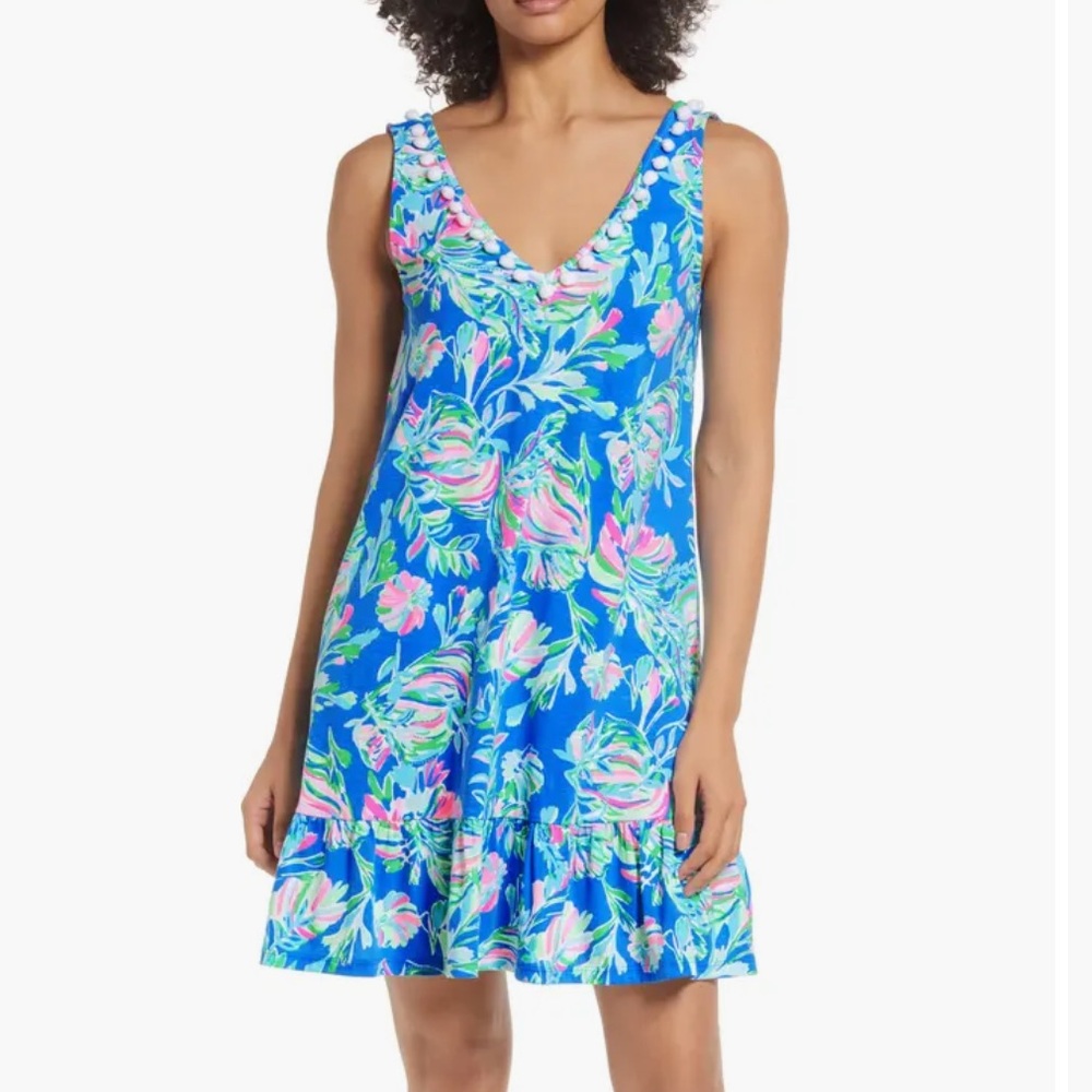 Lilly Pulitzer blue pink floral Camilla Floral Print v-neck Cotton Tank Dress XL